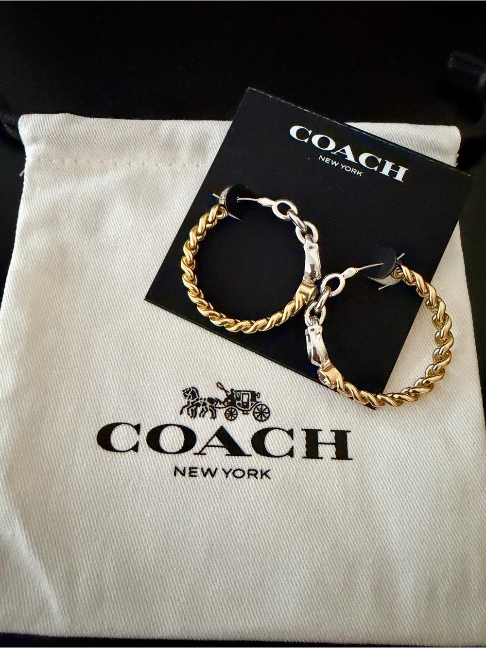 COACH Twisted Rope Mixed Metal Hoop Earrings.